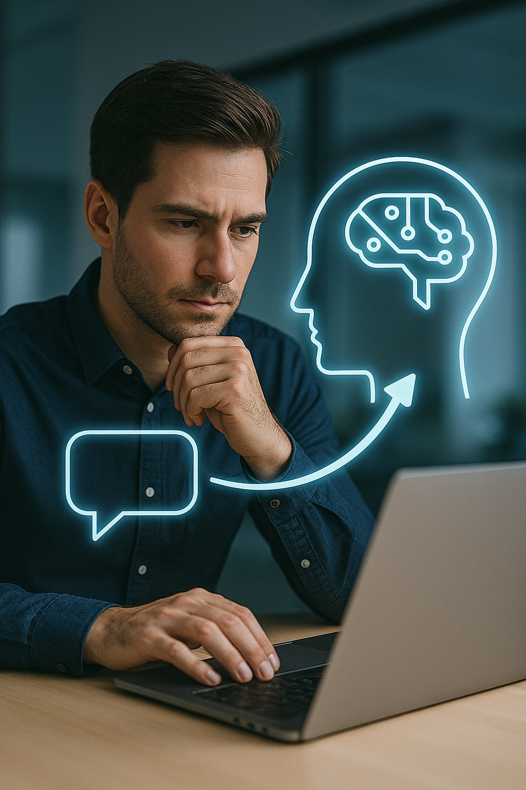 [Imagen de un hombre trabajando en un portátil con un cerebro y un bocadillo de chat flotando]