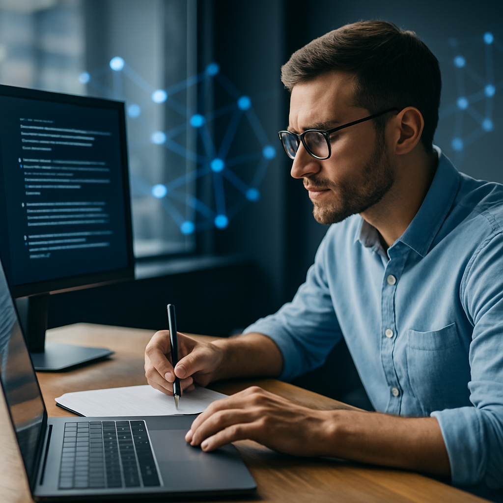 [Imagen de un hombre escribiendo en un portátil con código en la pantalla]